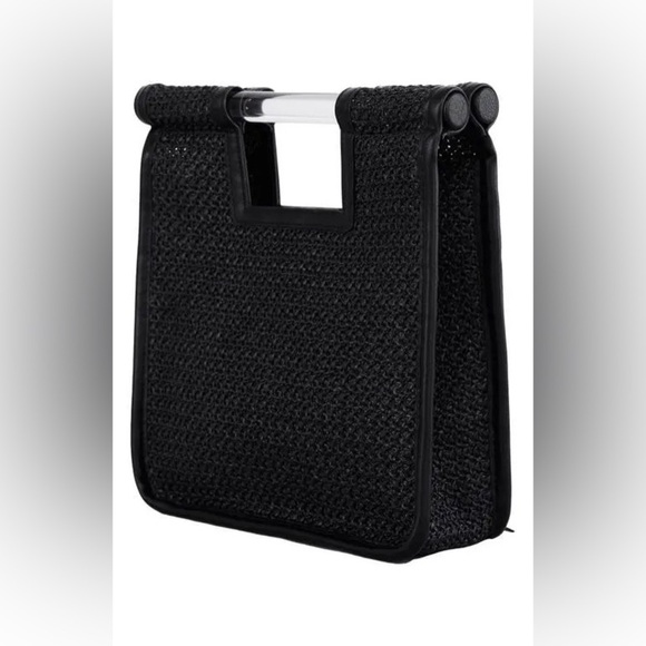 Woven Straw Top Handle Bag Black Leather Trim Crossbody Purse - Picture 3 of 3